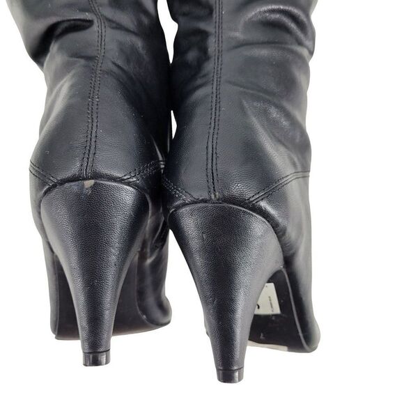 Vintage 90s Vegan Faux Leather Knee High‎ Boots 7 Black Cuffed Heeled Pirate - Picture 8 of 9